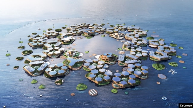 This computer example shows an environmentally-friendly floating city as a answer for coastal cities threatened by rising sea levels. The city would have structures to protect against floods and produce its own food, energy and fresh water. (Photo courtesy of OCEANIX/BIG-Bjarke Ing