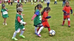 Children in Bolivia participate in a US Department of State Global Sports Mentoring program aimed at empowering girls through soccer, June 1, 2021.