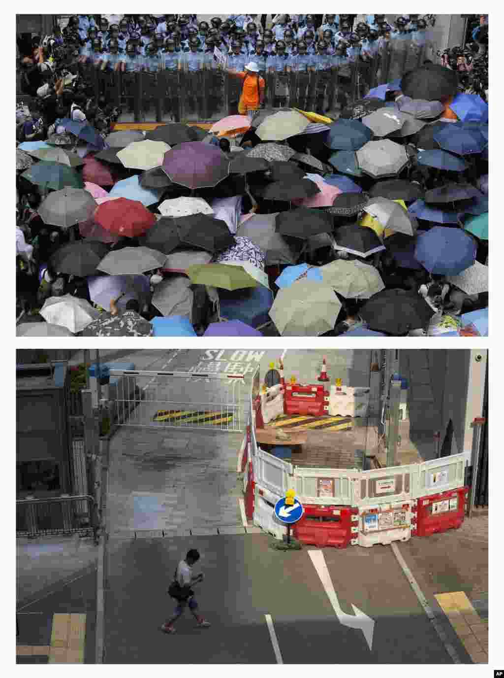 Seorang demonstran memegang plakat bertuliskan &quot;Occupy Central&quot; di antara polisi dan demonstran di luar kantor pusat pemerintahan di Hong Kong, 27 September 2014 (atas), dan di tempat yang sama setahun kemudian (bawah).&nbsp;(AP/Vincent Yu)