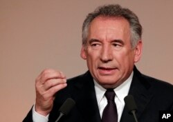 French centrist politician Francois Bayrou delivers his speech in Paris, Feb. 22, 2017.