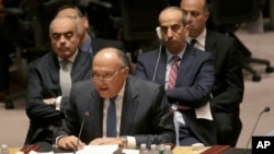Menteri Luar Negeri Mesir Sameh Shoukry berbicara di pertemuan Dewan Keamanan PBB mengenai situasi di Libya (18/2). (AP/Mary Altaffer)