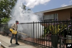 A Miami-Dade County mosquito control worker sprays around a home in the Wynwood area of Miami, Aug. 1, 2016.