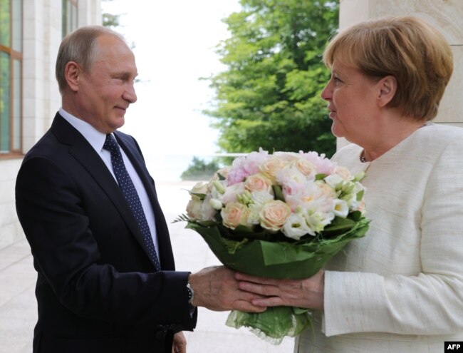 Russian President Vladimir Putin (L) welcomes German Chancellor Angela Merkel during their meeting in Sochi.
