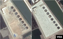 지난해 5월 남포 일대를 촬영한 위성사진(왼쪽)과 지난달 14일 위성사진. 유류저장 탱크가 들어설 것으로 보이는 8개의 구멍이 만들어진 이곳에 포장공사가 이뤄지는 등 공사가 재개된 것으로 추정된다. (사진출처=CNES/Airbus, Google Earth)
