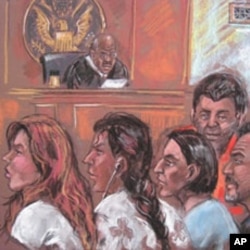 This drawing shows five of the 10 arrested Russian spy suspects in a New York courtroom, 28 Jun 2010