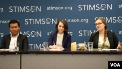 Left to right: Mory Sar, co-founder, and vice-president of the Cambodian Youth Network; Olivia Enos, a policy analyst at the Asian Studies Center of the Heritage Foundation; and Courtney Weatherby, a Southeast Asia research analyst at the Stimson Center. The panelists talked about Cambodia's human rights situation at the Stimson Center in Washington, DC, May 29, 2018. (Hong Chenda/VOA Khmer) 