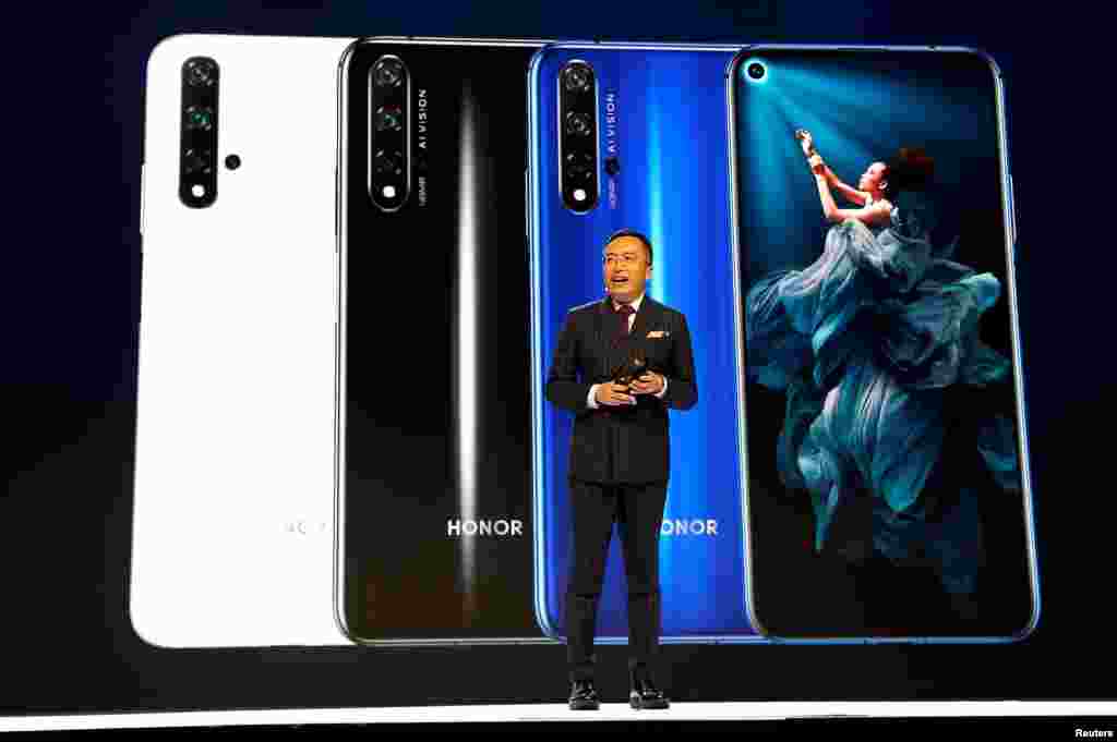 President of Huawei&#39;s Honor brand, George Zhao, launches the Honor 20 range of smartphones at an event in London.