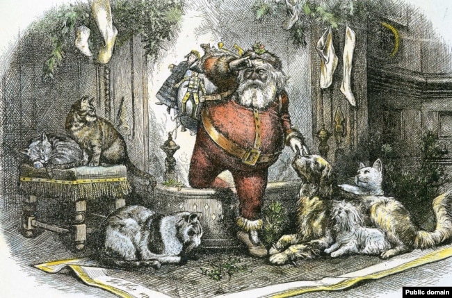 Santa Claus coming down the chimney. (Illustration by Thomas Nast)