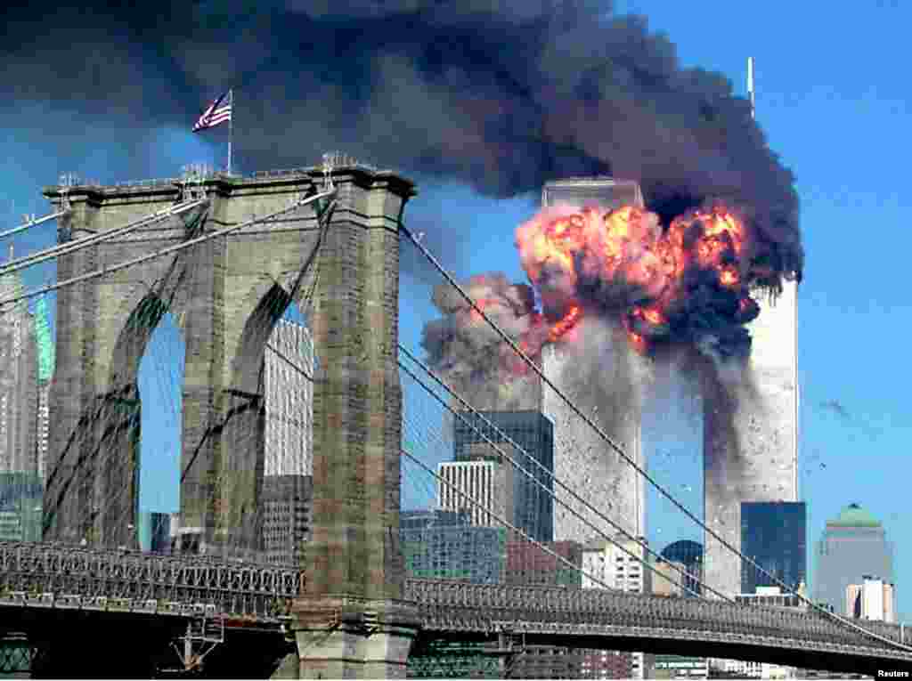 The second tower of the World Trade Centre explodes after being hit by a hijacked airplane in New York.