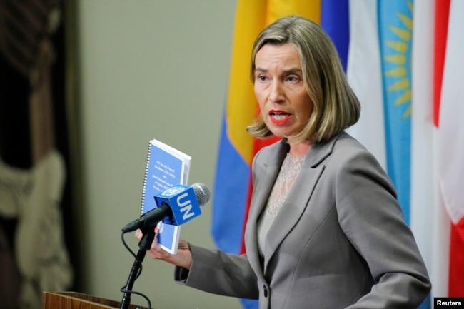 FILE - European Union foreign affairs chief Federica Mogherini speaks after a meeting of the parties to the Iran nuclear deal during the 72nd U.N. General Assembly at U.N. headquarters in New York, Sept. 20, 2017.