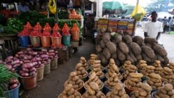 Un commerçant présente des produits de la ferme au marché de Wuse, à Abuja, au Nigeria, le 17 août 2021.