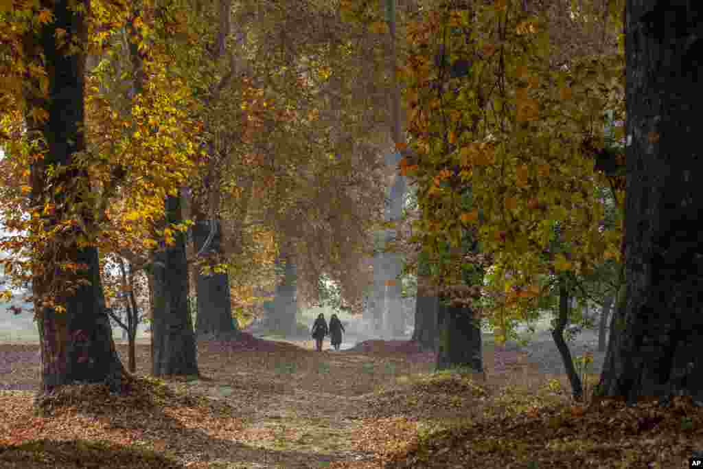 Women walk in a garden covered with fallen Chinar leaves on the outskirts of Srinagar, Indian-controlled Kashmir.