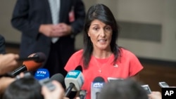 U.S. Ambassador to the United Nations Nikki Haley speaks to reporters after a Security Council vote on a new sanctions resolution that would increase economic pressure on North Korea to return to negotiations on its missile program, Aug. 5, 2017 at U.N. headquarters.