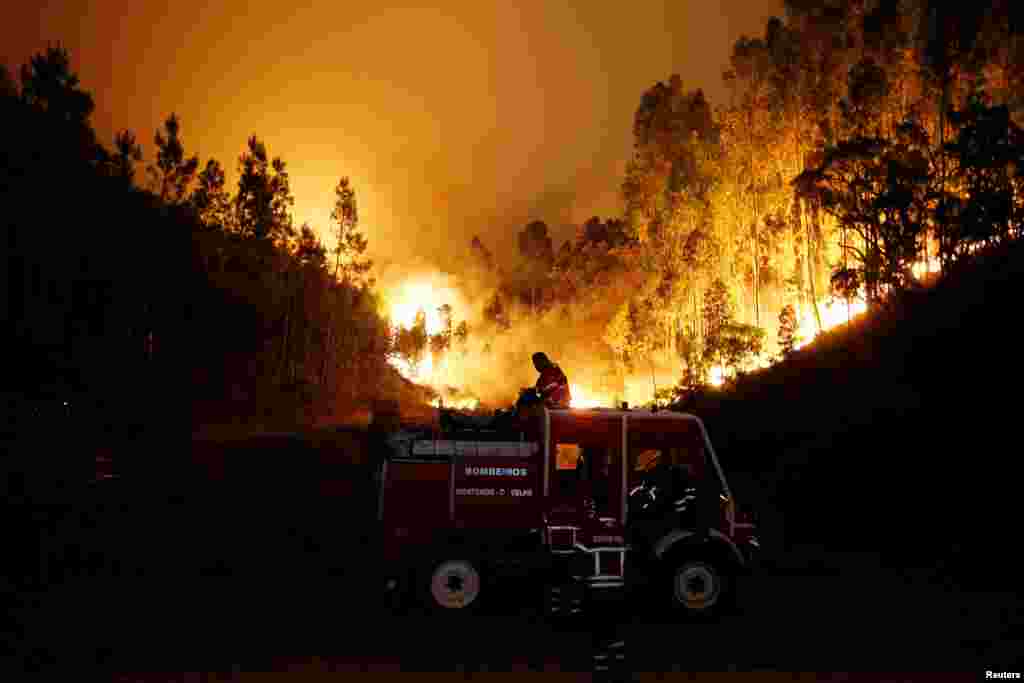 Firefighters work to put out a forest fire near Bouca, in central Portugal.