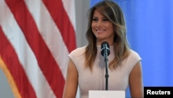 U.S. first lady Melania Trump speaks on her “Be Best” initiative during a reception she hosted at the United States mission to the U.N. on the sidelines of the United Nations General Assembly in New York, Sept. 26, 2018.