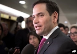 FILE - Sen. Marco Rubio, R-Fla., speaks with reporters at the Capitol in Washington, Jan. 25, 2018.