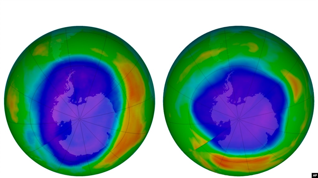 ImÃ¡genes provistas por la NASA muestran la capa de ozono sobre la AntÃ¡rtida: izquierda, septiembre de 2000, y derecha, septiembre de 2018. 