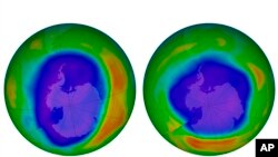 Imágenes provistas por la NASA muestran la capa de ozono sobre la Antártida: izquierda, septiembre de 2000, y derecha, septiembre de 2018. 