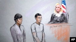 This courtroom sketch signed by artist Jane Flavell Collins shows defendants Dias Kadyrbayev, left, and Azamat Tazhayakov appearing in front of Federal Magistrate Marianne Bowler at the Moakley Federal Courthouse in Boston, Mass., May 1, 2013.