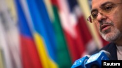 Iran's Foreign Minister Mohammad Javad Zarif addressing media after meeting of foreign ministers, United Nations Headquarters, New York, Sept. 26, 2013.