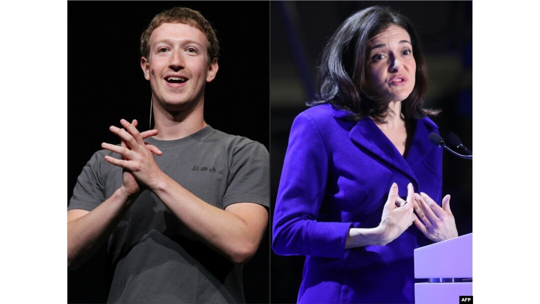 FILE - A combination of pictures created on March 30, 2018 shows Facebook CEO Mark Zuckerberg delivering a keynote address during the Facebook f8 conference in San Francisco, California and Chief Operating Officer of Facebook Sheryl Sandberg.