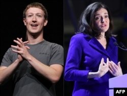 FILE - A combination of pictures created on March 30, 2018 shows Facebook CEO Mark Zuckerberg delivering a keynote address during the Facebook f8 conference in San Francisco, California and Chief Operating Officer of Facebook Sheryl Sandberg.