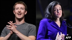 FILE - A photo combo created on March 30, 2018 shows( L )Facebook CEO Mark Zuckerberg delivering a keynote address in San Francisco, Calif.,and (R) Facebook's Chief Operating Officer Sheryl Sandberg inaugurating the interactive Facebook exhibition "Connexions" in Paris, France on Jan. 22, 2018. 
