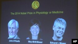 Images of the winners of the 2014 Nobel Prize for Medicine, U.S.-British scientist John O'Keefe and Norwegian husband and wife Edvard Moser and May-Britt Moser are projected on a screen during the announcement in Stockholm Monday Oct. 6, 2014.