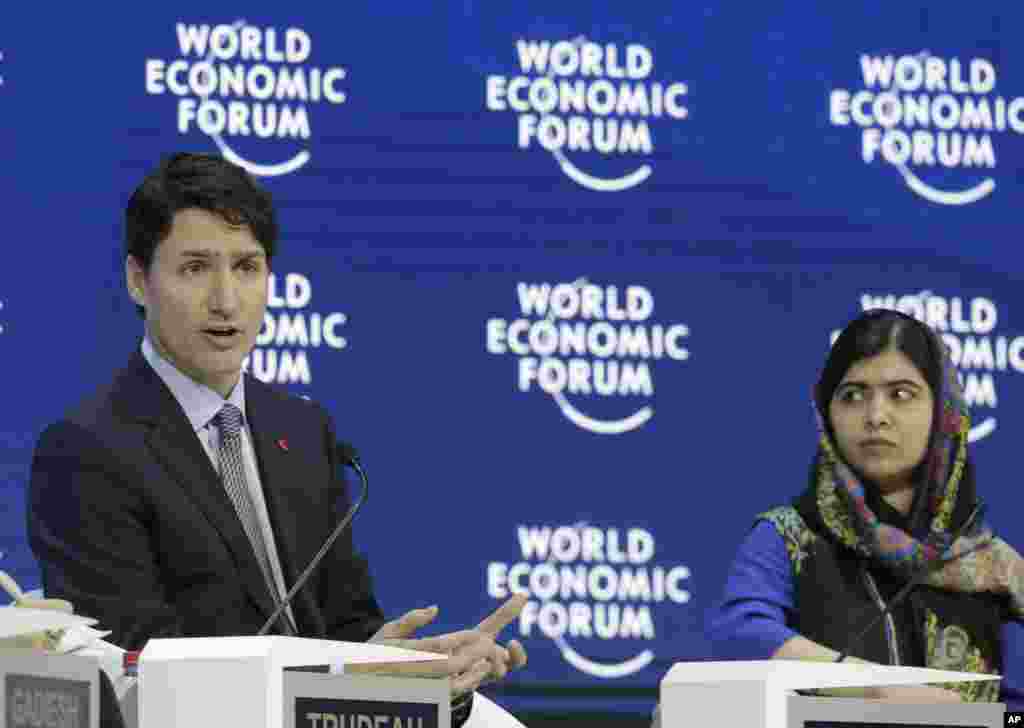 حضور ملاله یوسف زی دختر پاکستانی برنده جایزه صلح نوبل به همراه جاستین ترودو، نخست وزیر کانادا در نشست مجمع جهانی اقتصاد داووس سوئیس