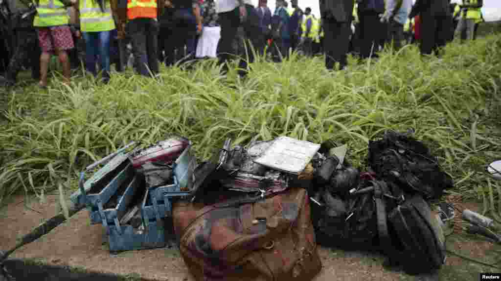 Personal belongings of passengers which have been recovered from a plane after it crashed.