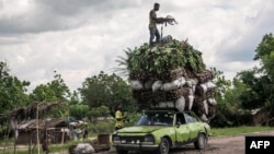 Des légumes, du bois et du charbon de bois sont chargés sur le toit d'une Peugeot, le 7 novembre 2018 à Matadi, en République démocratique du Congo.