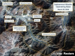 A Digital Globe satellite image taken March 29, 2018, shows what CSIS' Beyond Parallel project reports is an undeclared missile operating base at Sakkanmol, North Korea, and provided to Reuters, Nov. 12, 2018.