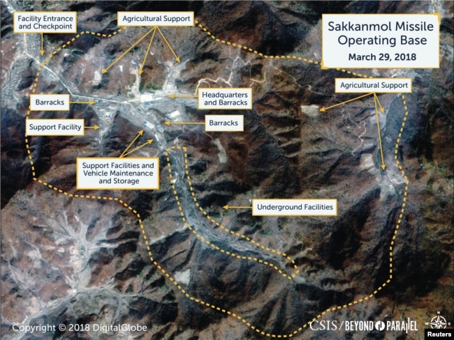 A Digital Globe satellite image taken March 29, 2018 shows what CSIS' Beyond Parallel project reports is an undeclared missile operating base at Sakkanmol, North Korea and provided to Reuters on Nov. 12, 2018.