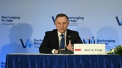 Polish President Andrzej Duda addresses a joint press conference with other presidents of the Visegrad Four countries at the Museum of Fine Arts in Budapest, Hungary on Nov. 29, 2021 after their talks.