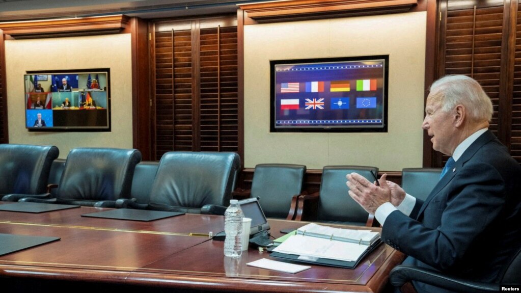 U.S. President Joe Biden is seen in a White House handout photo as he speaks with European leaders about Russia and the situation in Ukraine during a secure video teleconference from the Situation Room of the White House in Washington, Jan. 24, 2022.