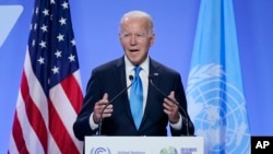 조 바이든 미국 대통령이 2일 영국 글래스고 제26차 유엔기후변화협약 당사국 총회(COP26) 현장에서 기자회견하고 있다.