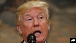 President Donald Trump speaks in the Roosevelt Room of the White House in Washington.