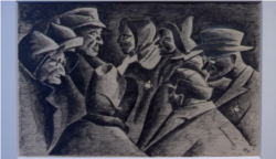 Holocaust Art Lowenstein "8 Men in Coats with Stars"