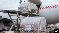 中国运往埃塞俄比亚包括口罩、试剂盒和防护用品在内的600万件抗疫物资抵达亚的斯亚贝巴机场。（2020年3月22日）