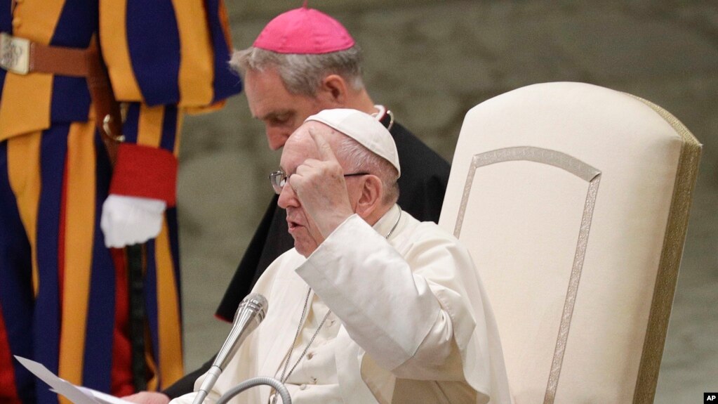 El papa Francisco pronunciando su discurso en la Sala Paulo VI del Vaticano durante su audiencia geneal de los miÃ©rcoles, el 1 de agosto de 2018.
