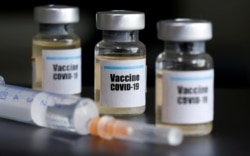 FILE - Small bottles labeled with a "Vaccine COVID-19" sticker and a medical syringe are seen in this illustration taken taken April 10, 2020. REUTERS