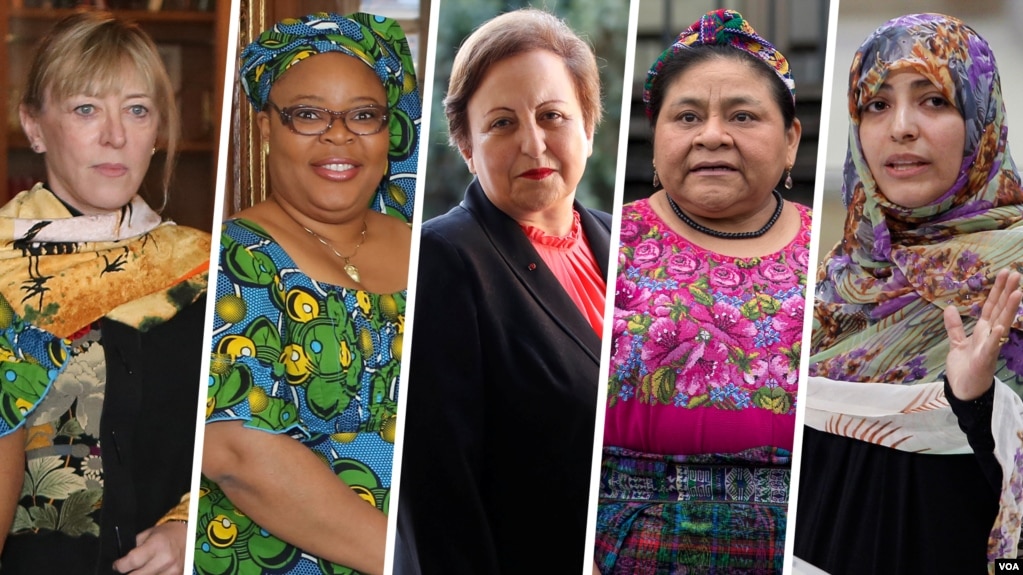 از راست: توکل کرمان، ریگوبرتا منچو، شیرین عبادی، لیما گبوی و جودی ویلیامز برندگان صلح نوبل 