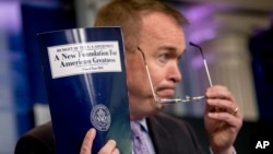 Budget Director Mick Mulvaney holds up a copy of President Donald Trump's proposed fiscal 2018 federal budget as he speaks to members of the media in the Press Briefing Room of the White House in Washington, May 23, 2017. Malvaney says government restructuring efforts will start at his agency.