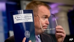 Budget Director Mick Mulvaney holds up a copy of President Donald Trump's proposed fiscal 2018 federal budget as he speaks to members of the media in the Press Briefing Room of the White House in Washington, May 23, 2017. 