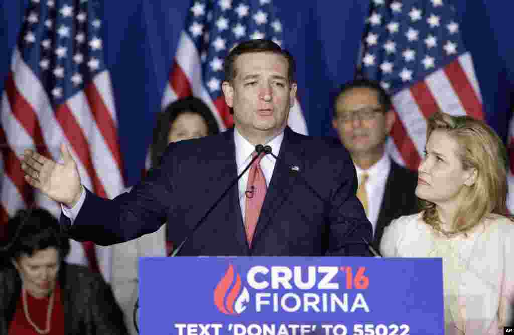 Republican presidential candidate Ted Cruz, accompanied by his wife, Heidi, officially suspends his White House bid in Indianapolis, after suffering defeat in the Indiana GOP primary, May 3, 2016.