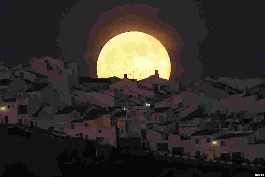 Supermoon terbit dari rumah-rumah di Olvera, di provinsi Cadiz, Spanyol Selatan, 12 Juli 2014.