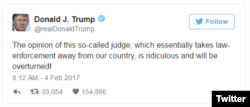 Trump Tweet Feb 4 Overturning Block on Travel Ban