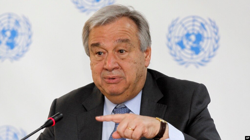 U.N. Secretary-General Antonio Guterres speaks during a news conference in Nairobi, Kenya, March 8, 2017. The risk of genocide has considerably diminished in South Sudan, which is experiencing civil strife that has led to famine in some parts, Guterres said.