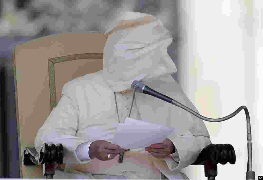 A gust of wind blows Pope Francis&#39; mantle during the weekly general audience in St. Peter&#39;s Square, at the Vatican.