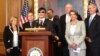 Chinese dissident Cheng Guangcheng, center, holds a press conference with U.S. House Speaker John Boehner, House minority leader Nancy Pelosi and other legislators on Capitol Hill in Washington, August 1, 2012. (VOA – F. Zhang)